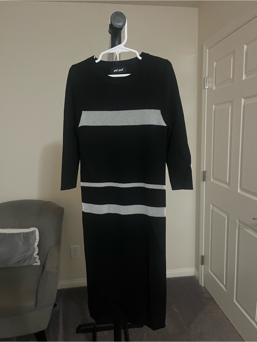 Wet Seal Black Midi Dress with Silver Stripes Size S/M